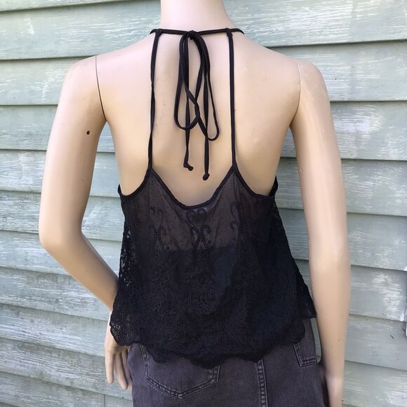 In Bloom By Jonquil Black Sheer Mesh Lace Halter Top Sz M Goth Coquette Grunge - Picture 2 of 8